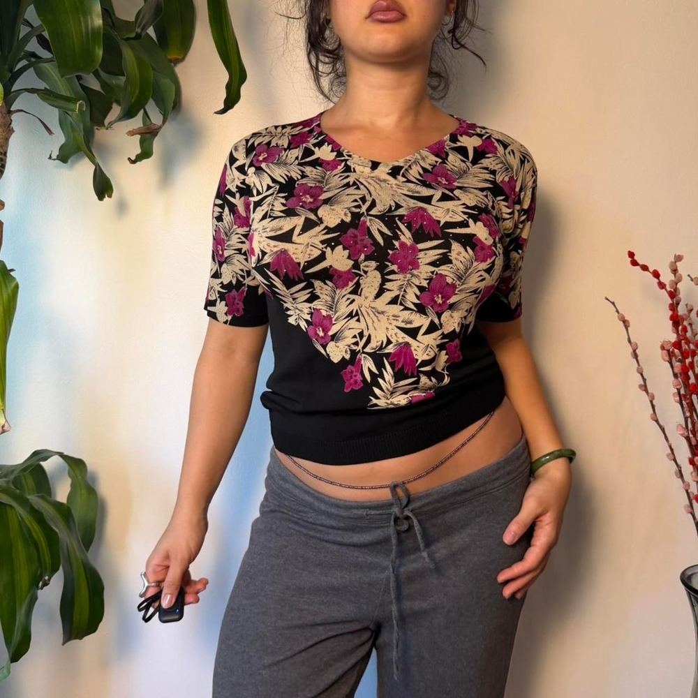 Vintage 90s Whimsigoth Beaded Black Floral Baby Tee Wool Blend Top Large